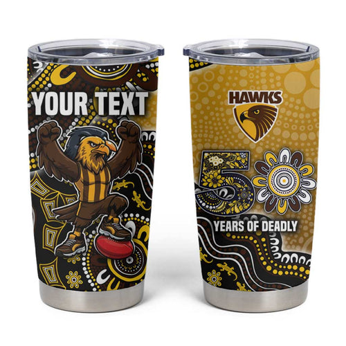 Personalized Hawks Football Mascot Tumbler Cup Aboriginal Dot Art Style Vibrant Indigenous Pattern Design