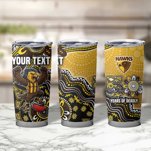 Personalized Hawks Football Mascot Tumbler Cup Aboriginal Dot Art Style Vibrant Indigenous Pattern Design