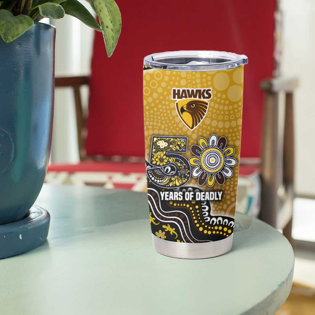 Personalized Hawks Football Mascot Tumbler Cup Aboriginal Dot Art Style Vibrant Indigenous Pattern Design