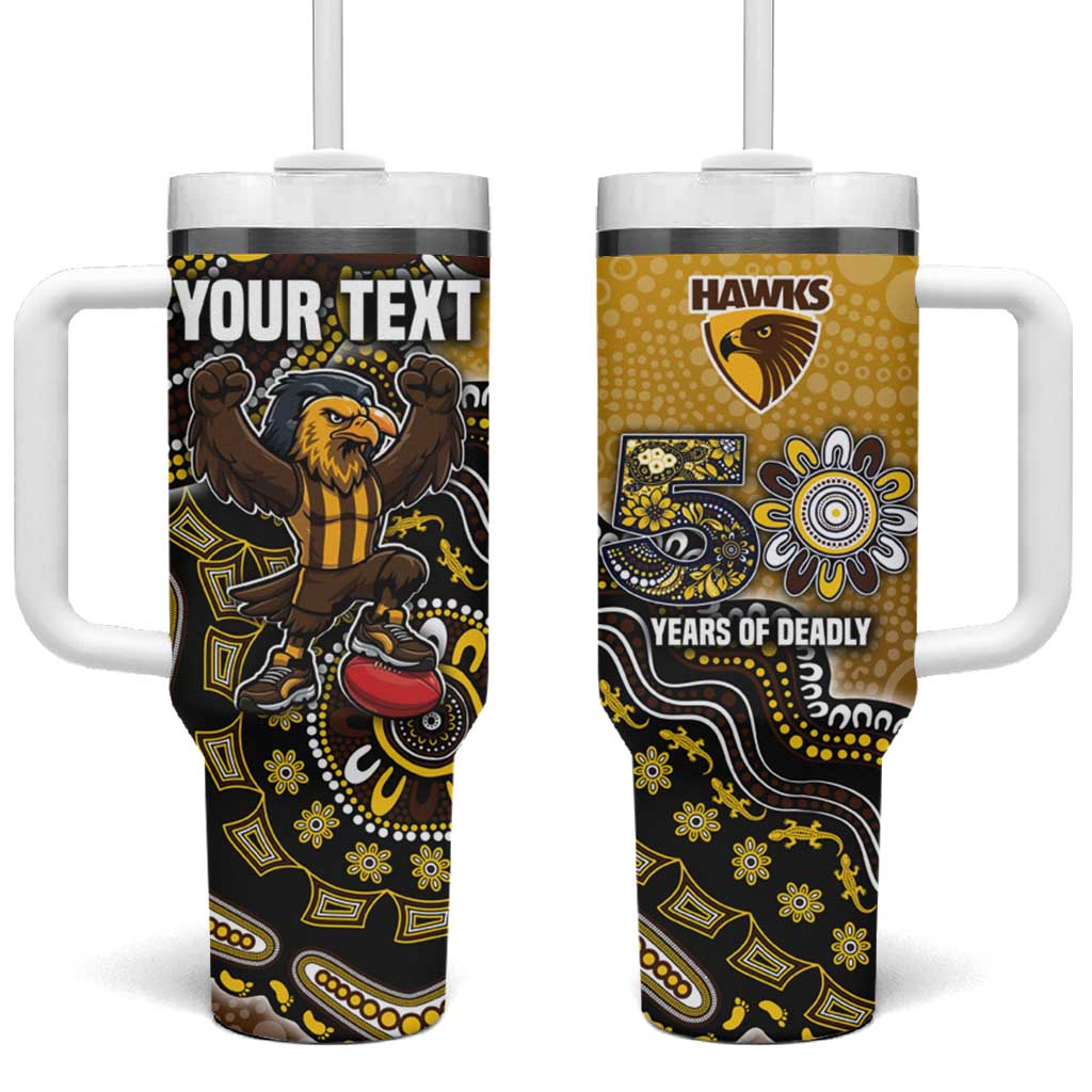 Personalized Hawks Football Mascot Tumbler With Handle Aboriginal Dot Art Style Vibrant Indigenous Pattern Design