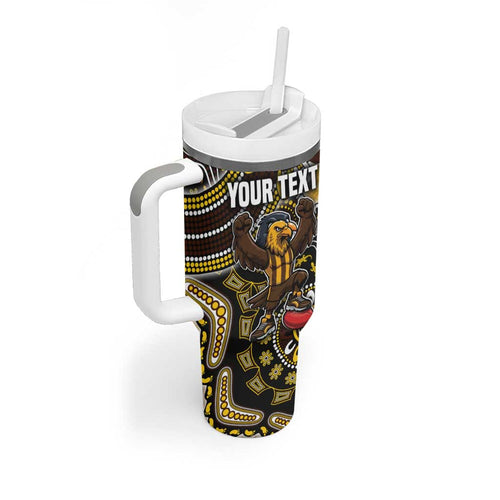 Personalized Hawks Football Mascot Tumbler With Handle Aboriginal Dot Art Style Vibrant Indigenous Pattern Design