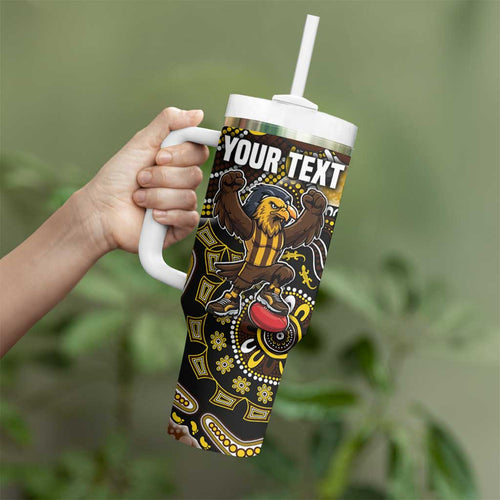 Personalized Hawks Football Mascot Tumbler With Handle Aboriginal Dot Art Style Vibrant Indigenous Pattern Design