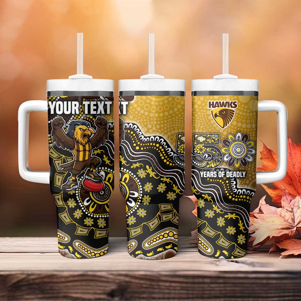 Personalized Hawks Football Mascot Tumbler With Handle Aboriginal Dot Art Style Vibrant Indigenous Pattern Design