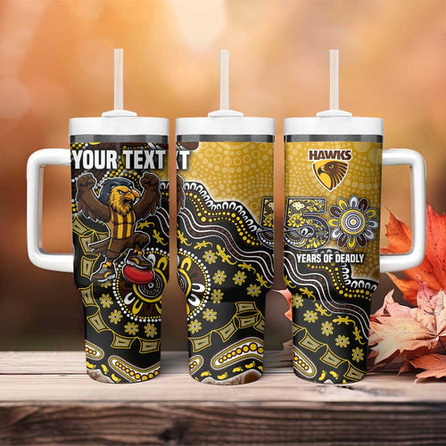 Personalized Hawks Football Mascot Tumbler With Handle Aboriginal Dot Art Style Vibrant Indigenous Pattern Design