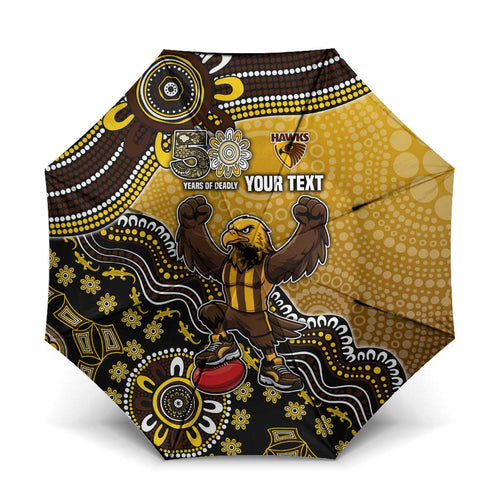 Personalized Hawks Football Mascot Umbrella Aboriginal Dot Art Style Vibrant Indigenous Pattern Design