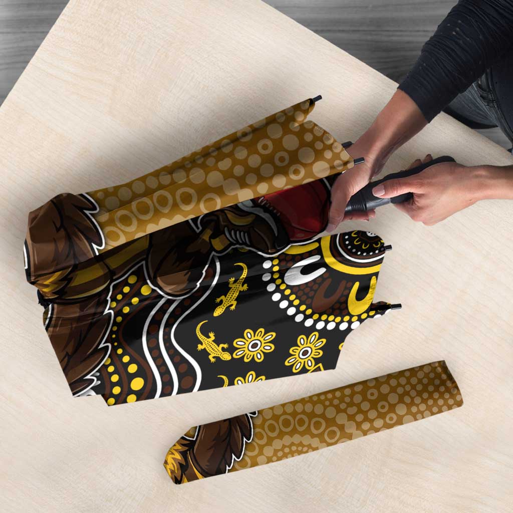 Personalized Hawks Football Mascot Umbrella Aboriginal Dot Art Style Vibrant Indigenous Pattern Design