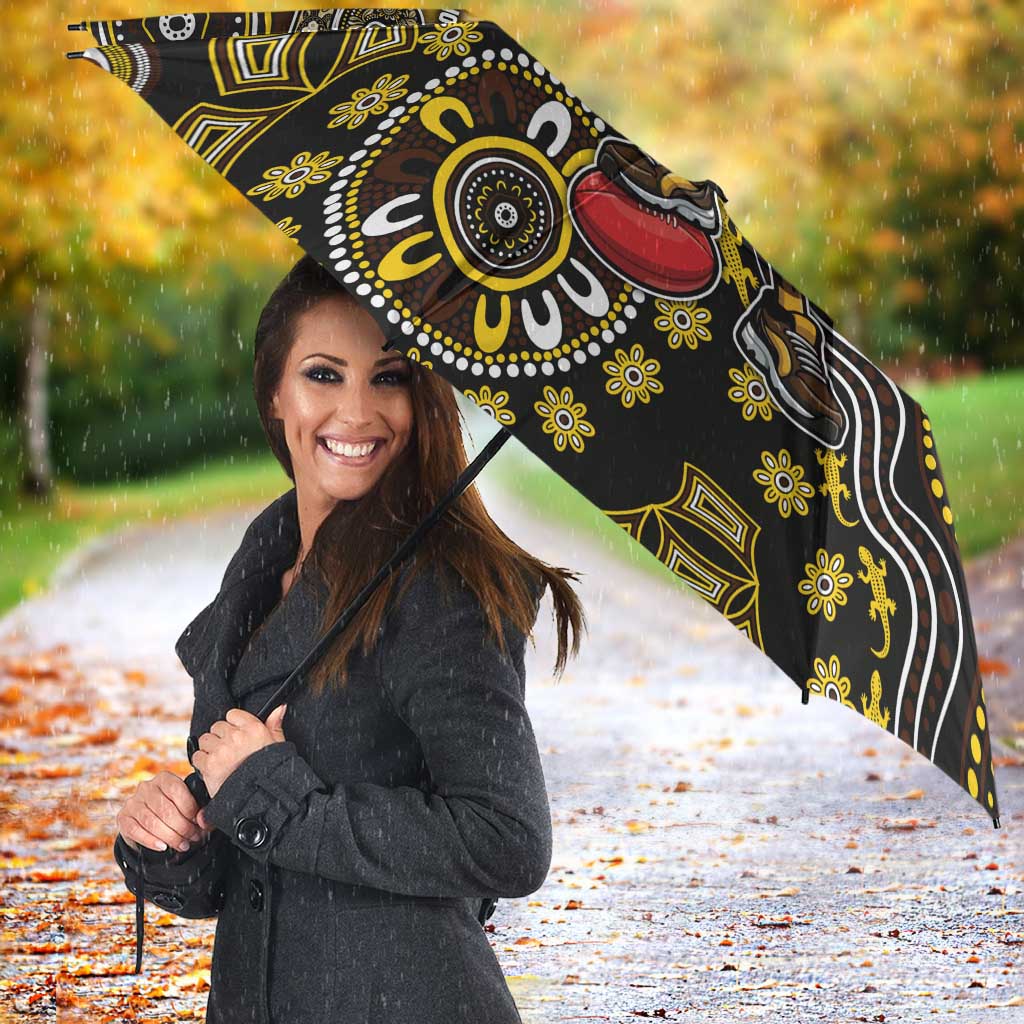 Personalized Hawks Football Mascot Umbrella Aboriginal Dot Art Style Vibrant Indigenous Pattern Design