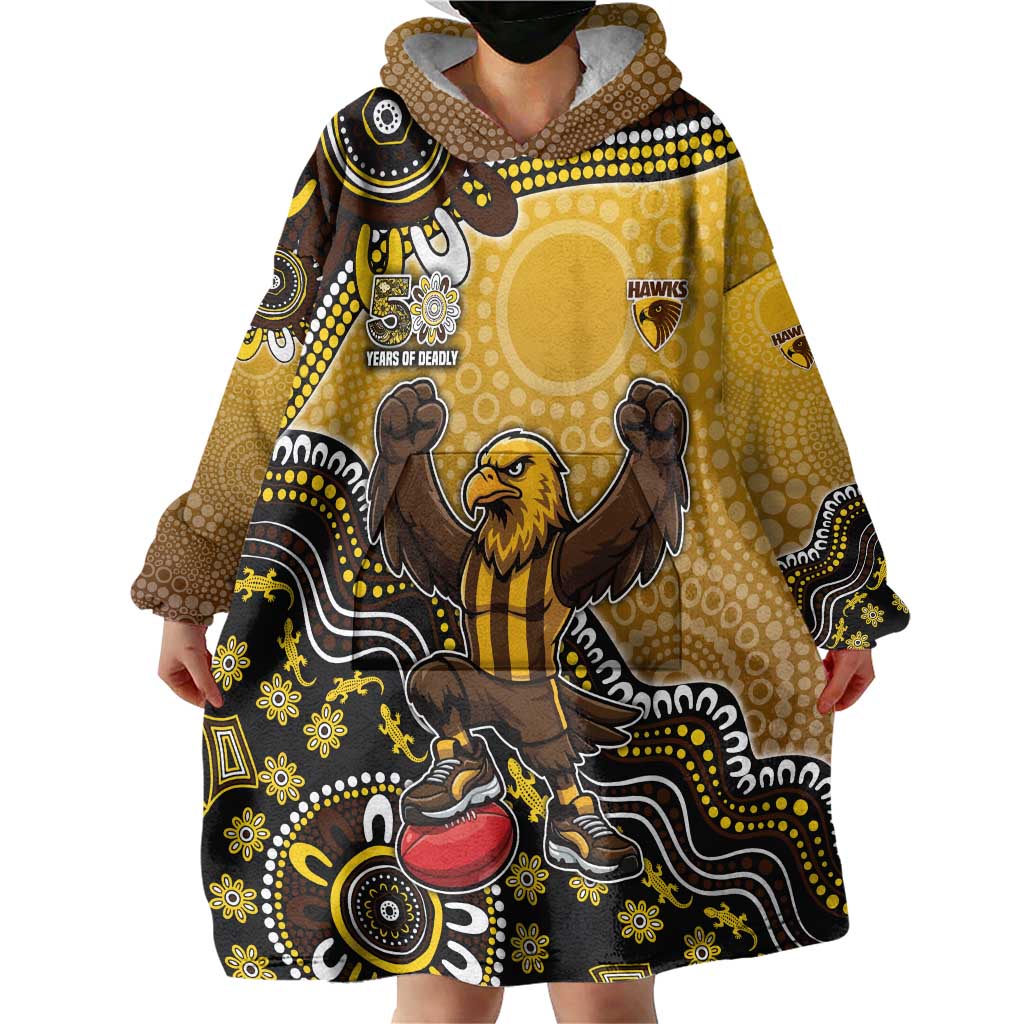 Personalized Hawks Football Mascot Wearable Blanket Hoodie Aboriginal Dot Art Style Vibrant Indigenous Pattern Design