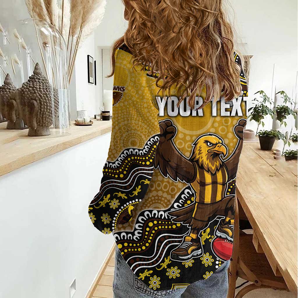 Personalized Hawks Football Mascot Women Casual Shirt Aboriginal Dot Art Style Vibrant Indigenous Pattern Design