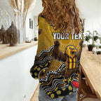 Personalized Hawks Football Mascot Women Casual Shirt Aboriginal Dot Art Style Vibrant Indigenous Pattern Design