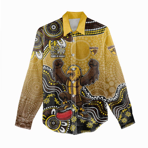 Personalized Hawks Football Mascot Women Casual Shirt Aboriginal Dot Art Style Vibrant Indigenous Pattern Design