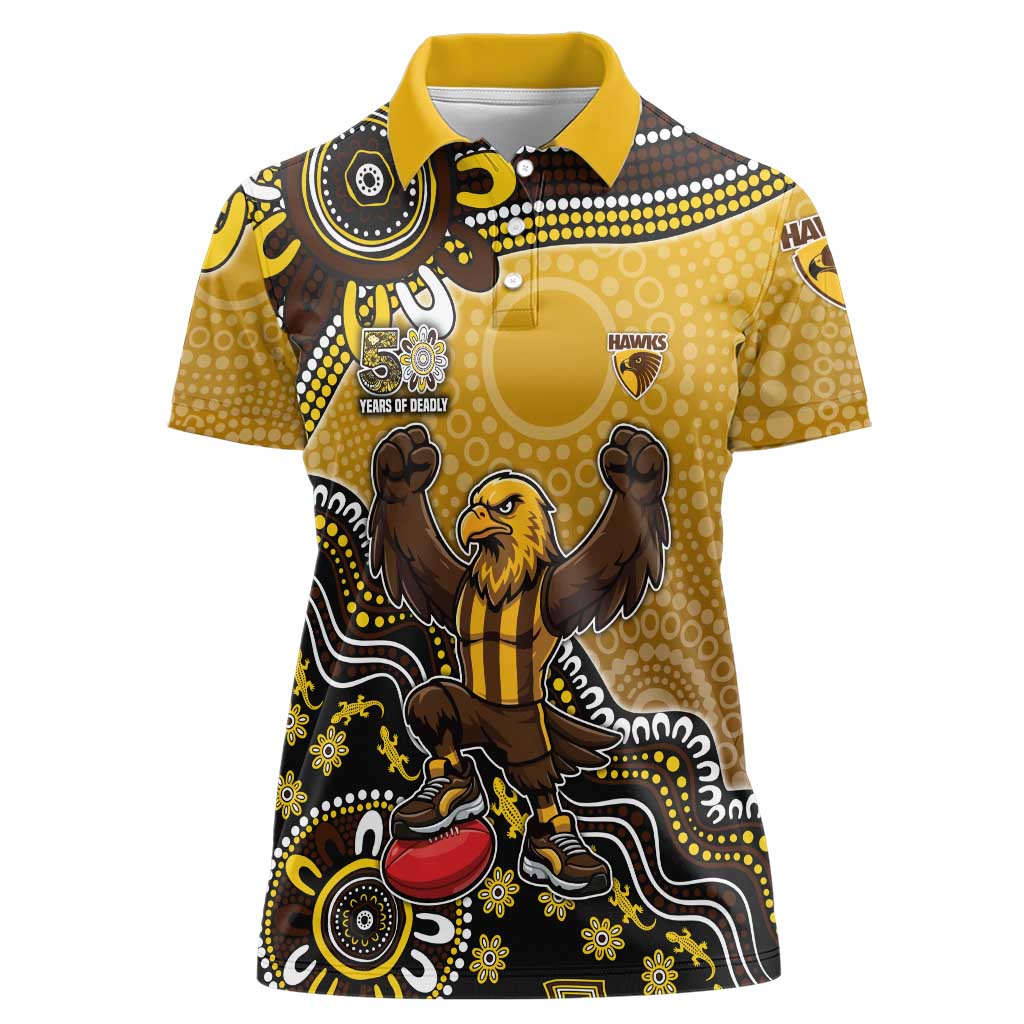 Personalized Hawks Football Mascot Women Polo Shirt Aboriginal Dot Art Style Vibrant Indigenous Pattern Design