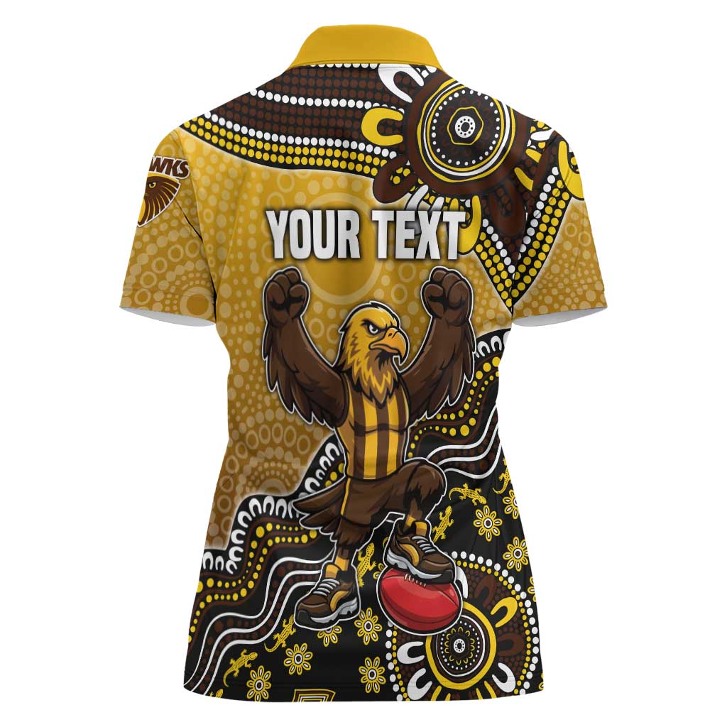 Personalized Hawks Football Mascot Women Polo Shirt Aboriginal Dot Art Style Vibrant Indigenous Pattern Design