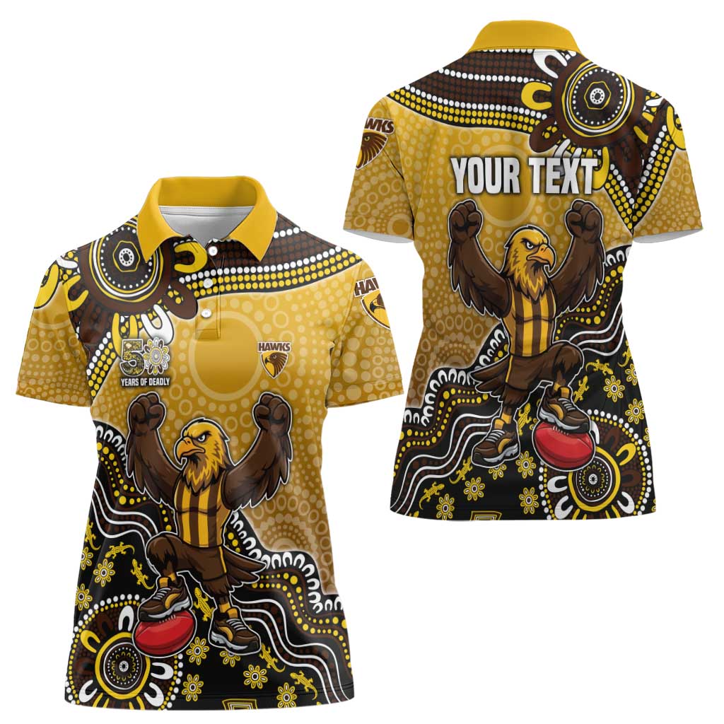 Personalized Hawks Football Mascot Women Polo Shirt Aboriginal Dot Art Style Vibrant Indigenous Pattern Design