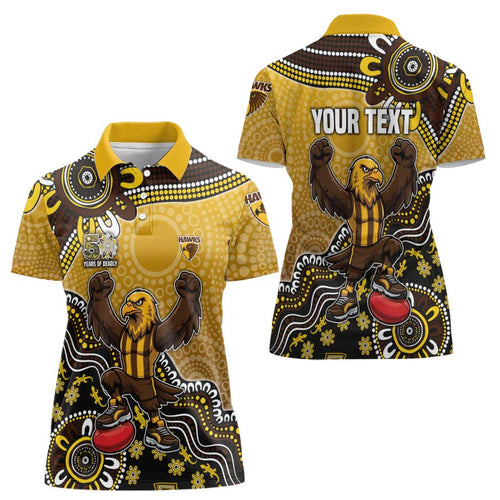 Personalized Hawks Football Mascot Women Polo Shirt Aboriginal Dot Art Style Vibrant Indigenous Pattern Design