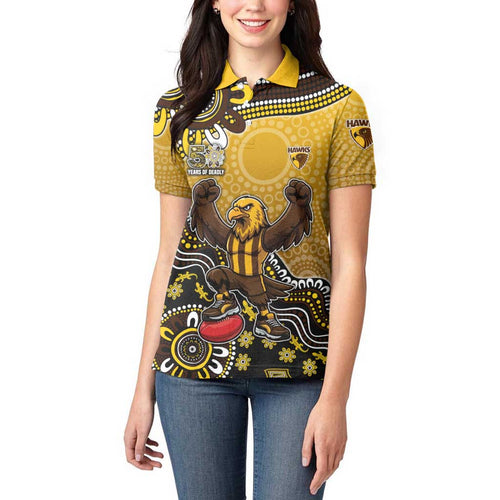 Personalized Hawks Football Mascot Women Polo Shirt Aboriginal Dot Art Style Vibrant Indigenous Pattern Design