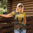 Personalized Hawks Football Mascot Women Polo Shirt Aboriginal Dot Art Style Vibrant Indigenous Pattern Design