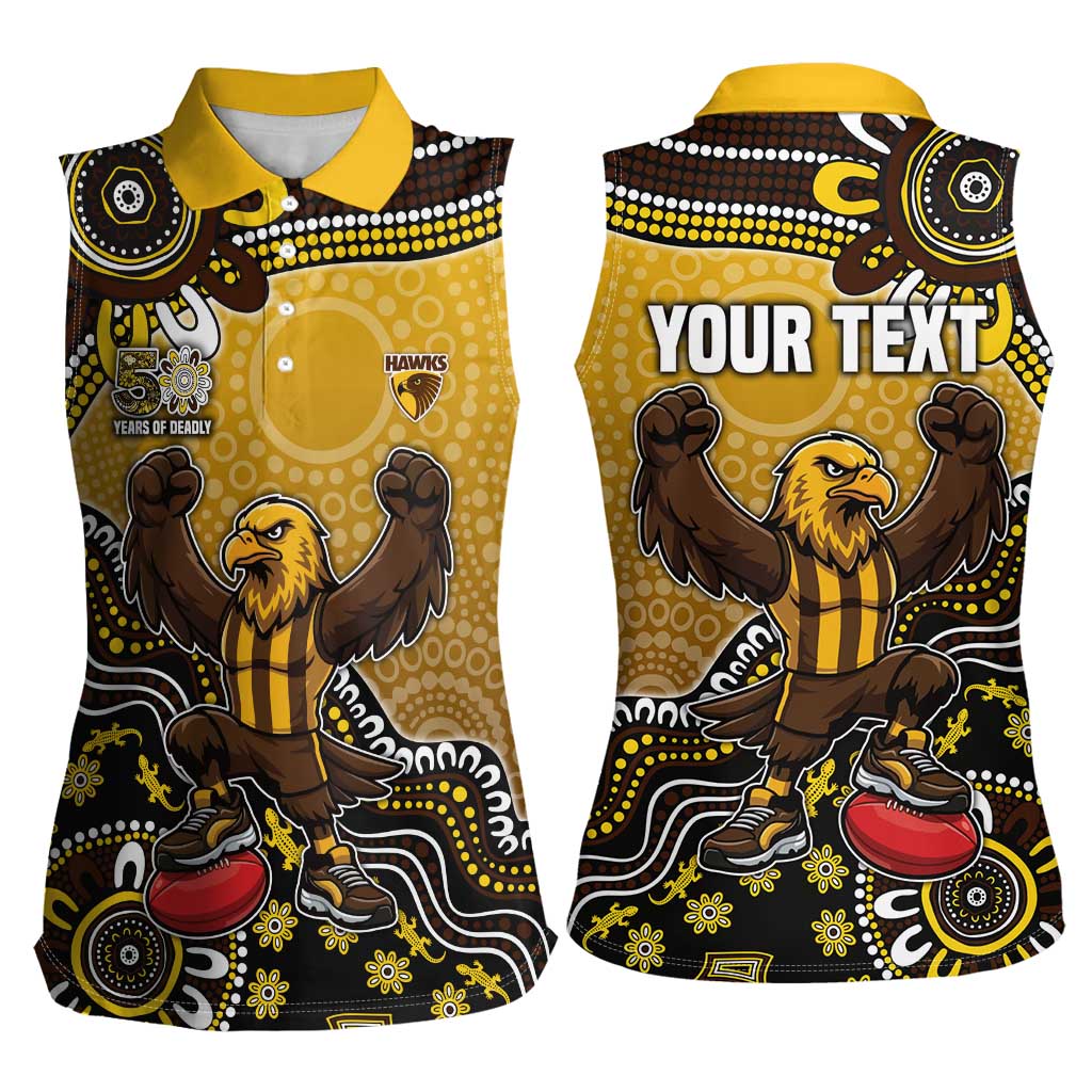 Personalized Hawks Football Mascot Women Sleeveless Polo Shirt Aboriginal Dot Art Style Vibrant Indigenous Pattern Design