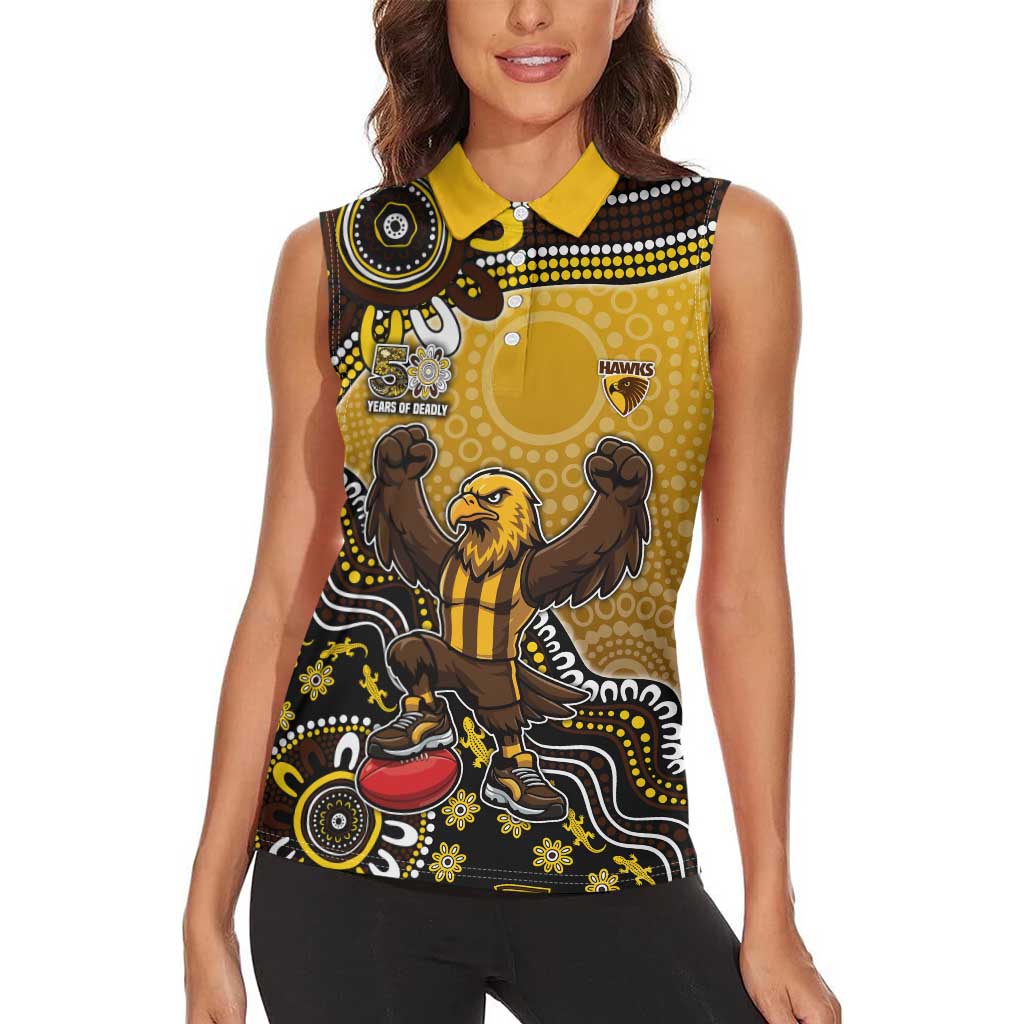 Personalized Hawks Football Mascot Women Sleeveless Polo Shirt Aboriginal Dot Art Style Vibrant Indigenous Pattern Design