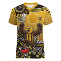 Personalized Hawks Football Mascot Women V-Neck T-Shirt Aboriginal Dot Art Style Vibrant Indigenous Pattern Design