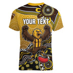 Personalized Hawks Football Mascot Women V-Neck T-Shirt Aboriginal Dot Art Style Vibrant Indigenous Pattern Design
