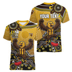 Personalized Hawks Football Mascot Women V-Neck T-Shirt Aboriginal Dot Art Style Vibrant Indigenous Pattern Design