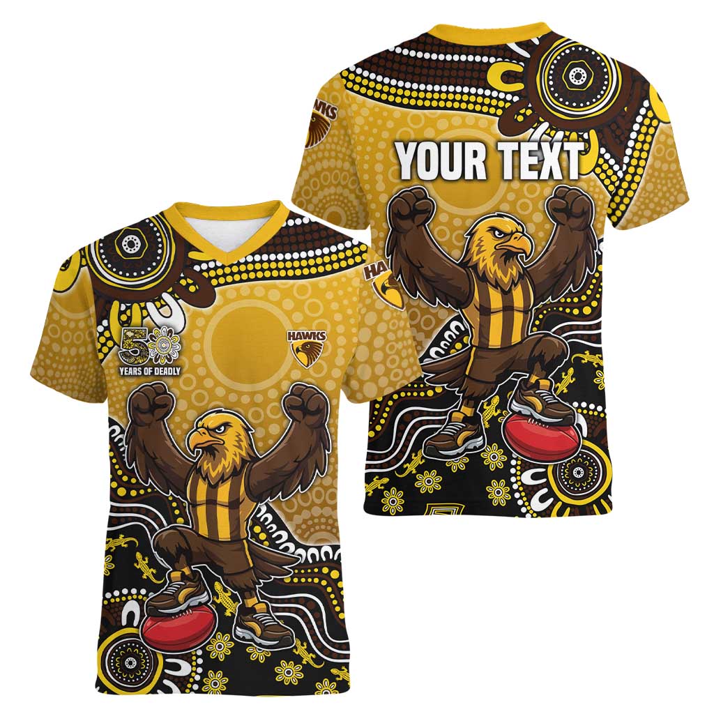 Personalized Hawks Football Mascot Women V-Neck T-Shirt Aboriginal Dot Art Style Vibrant Indigenous Pattern Design