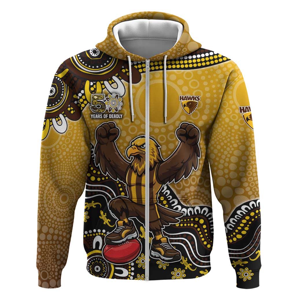 Personalized Hawks Football Mascot Zip Hoodie Aboriginal Dot Art Style Vibrant Indigenous Pattern Design