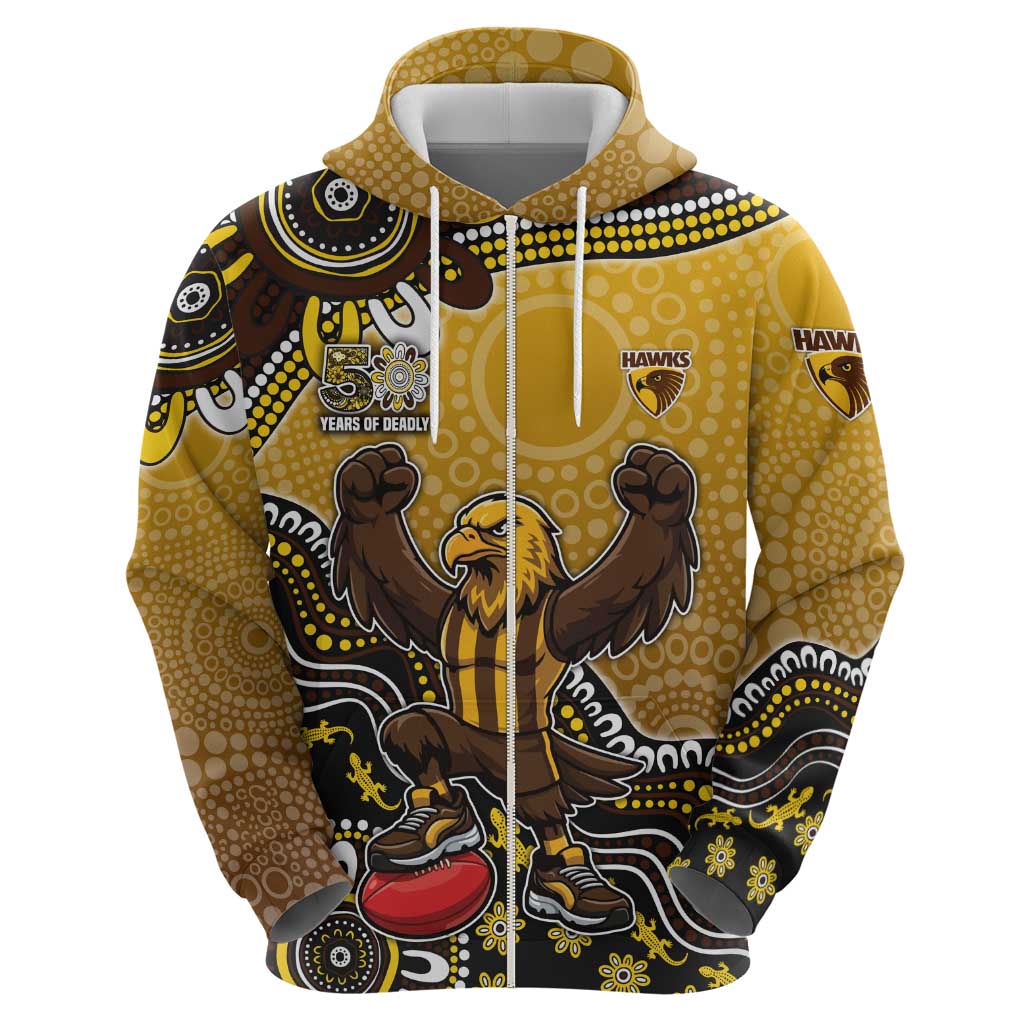 Personalized Hawks Football Mascot Zip Hoodie Aboriginal Dot Art Style Vibrant Indigenous Pattern Design