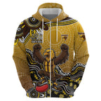 Personalized Hawks Football Mascot Zip Hoodie Aboriginal Dot Art Style Vibrant Indigenous Pattern Design