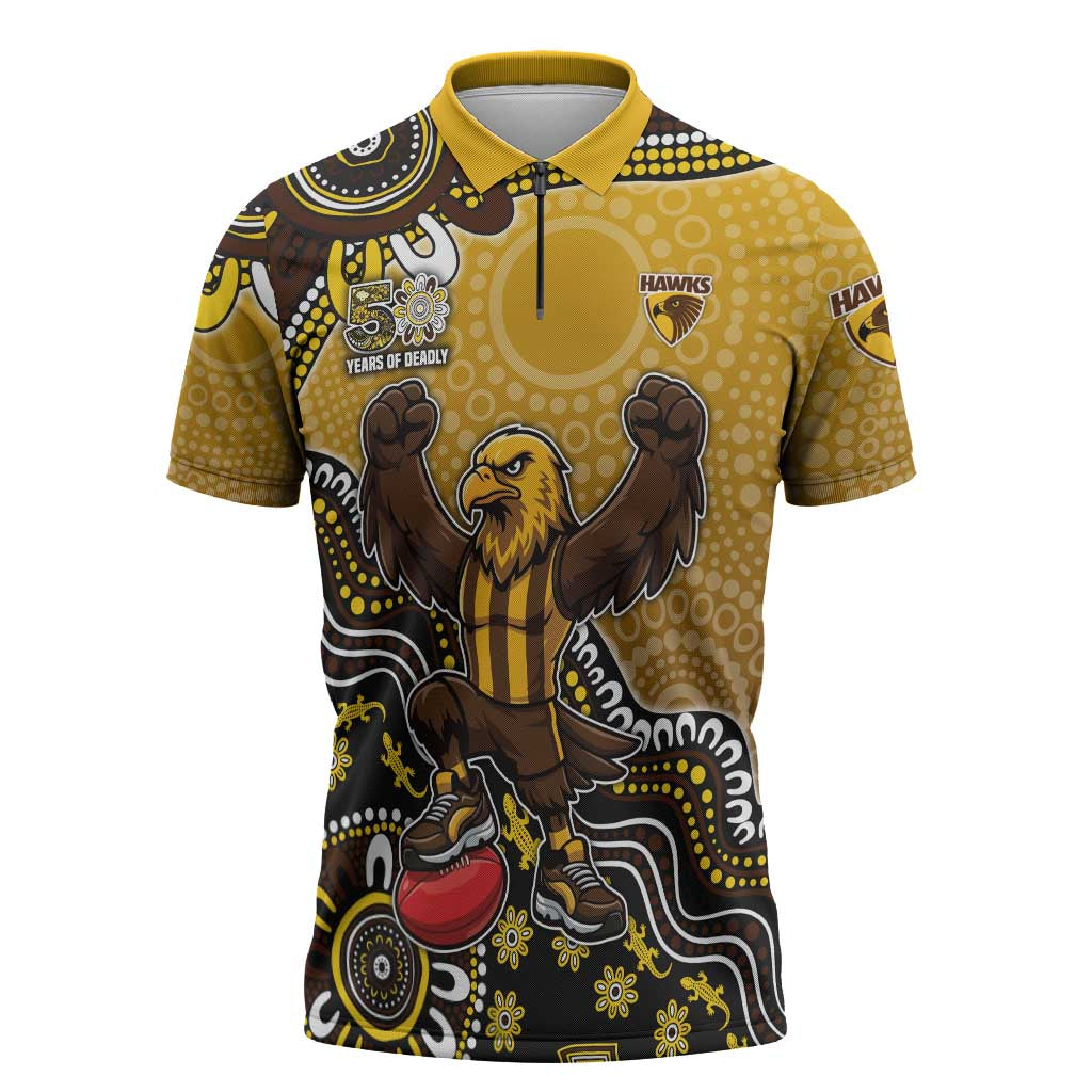 Personalized Hawks Football Mascot Zipper Polo Shirt Aboriginal Dot Art Style Vibrant Indigenous Pattern Design