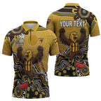 Personalized Hawks Football Mascot Zipper Polo Shirt Aboriginal Dot Art Style Vibrant Indigenous Pattern Design