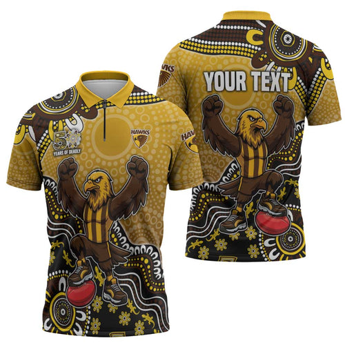 Personalized Hawks Football Mascot Zipper Polo Shirt Aboriginal Dot Art Style Vibrant Indigenous Pattern Design