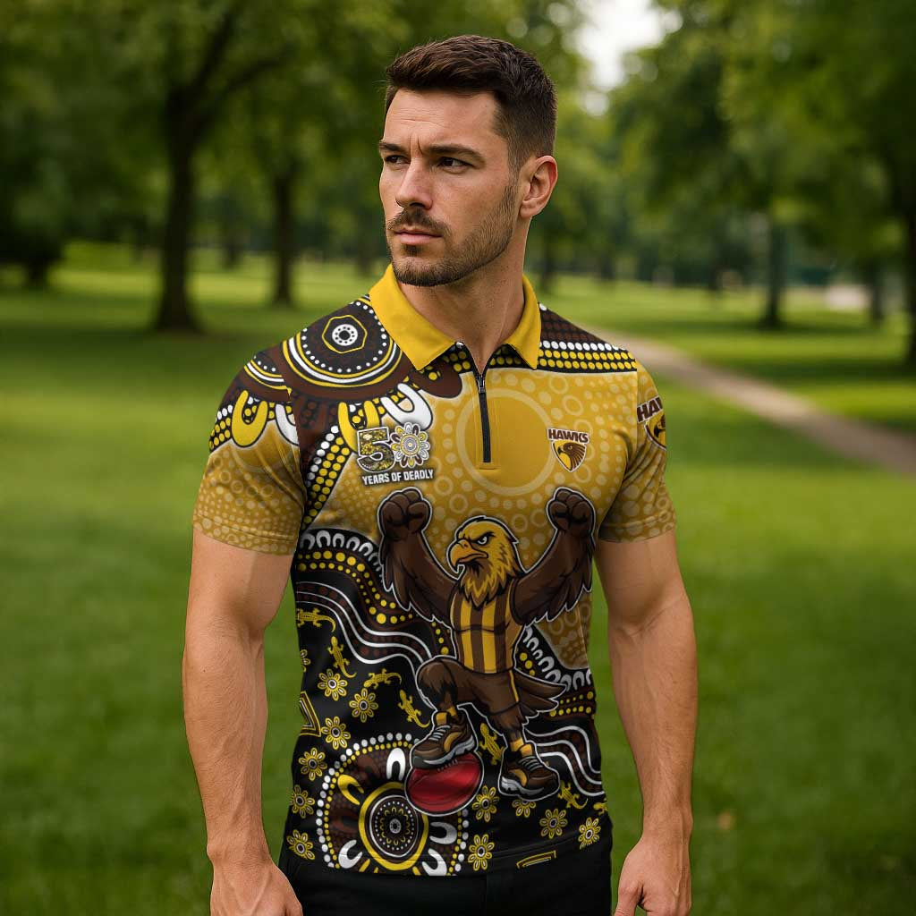 Personalized Hawks Football Mascot Zipper Polo Shirt Aboriginal Dot Art Style Vibrant Indigenous Pattern Design
