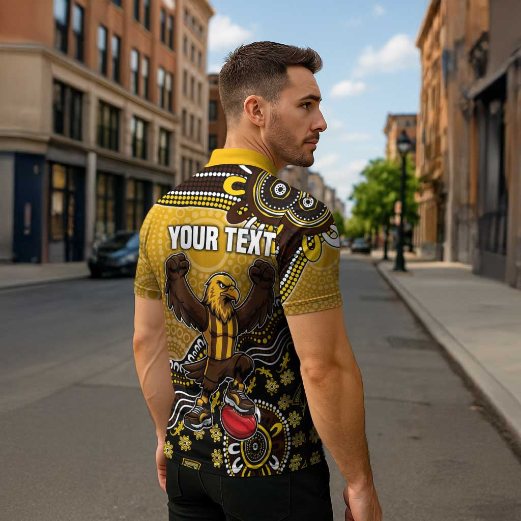 Personalized Hawks Football Mascot Zipper Polo Shirt Aboriginal Dot Art Style Vibrant Indigenous Pattern Design
