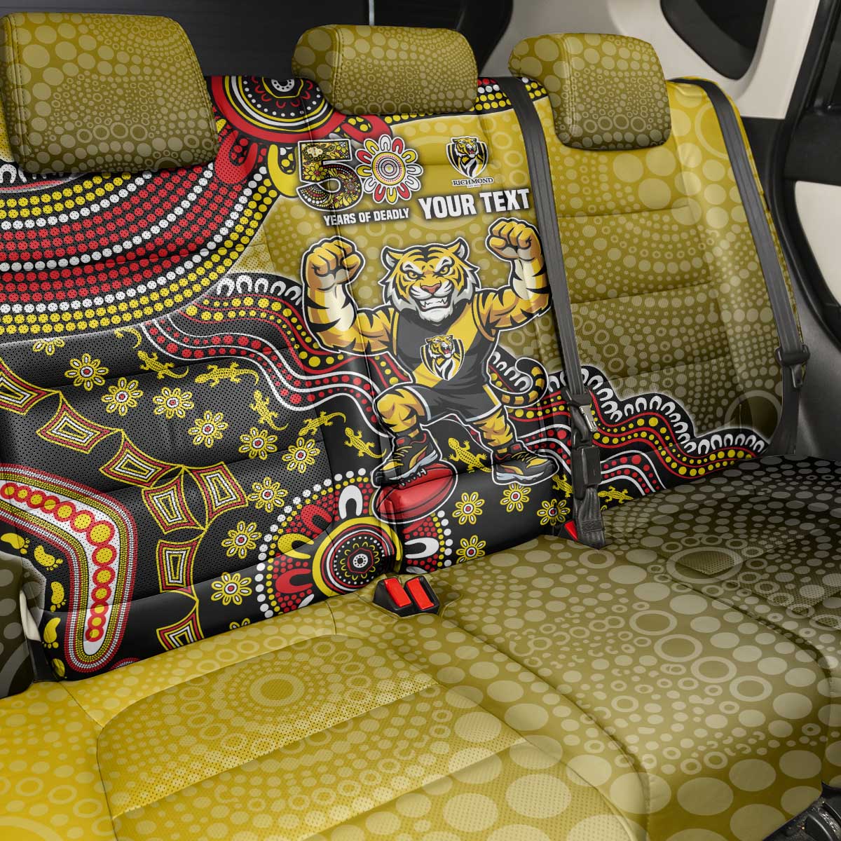 Personalized Richmond Tigers  Football Mascot Back Car Seat Cover Aboriginal Dot Art Style Vibrant Indigenous Pattern Design