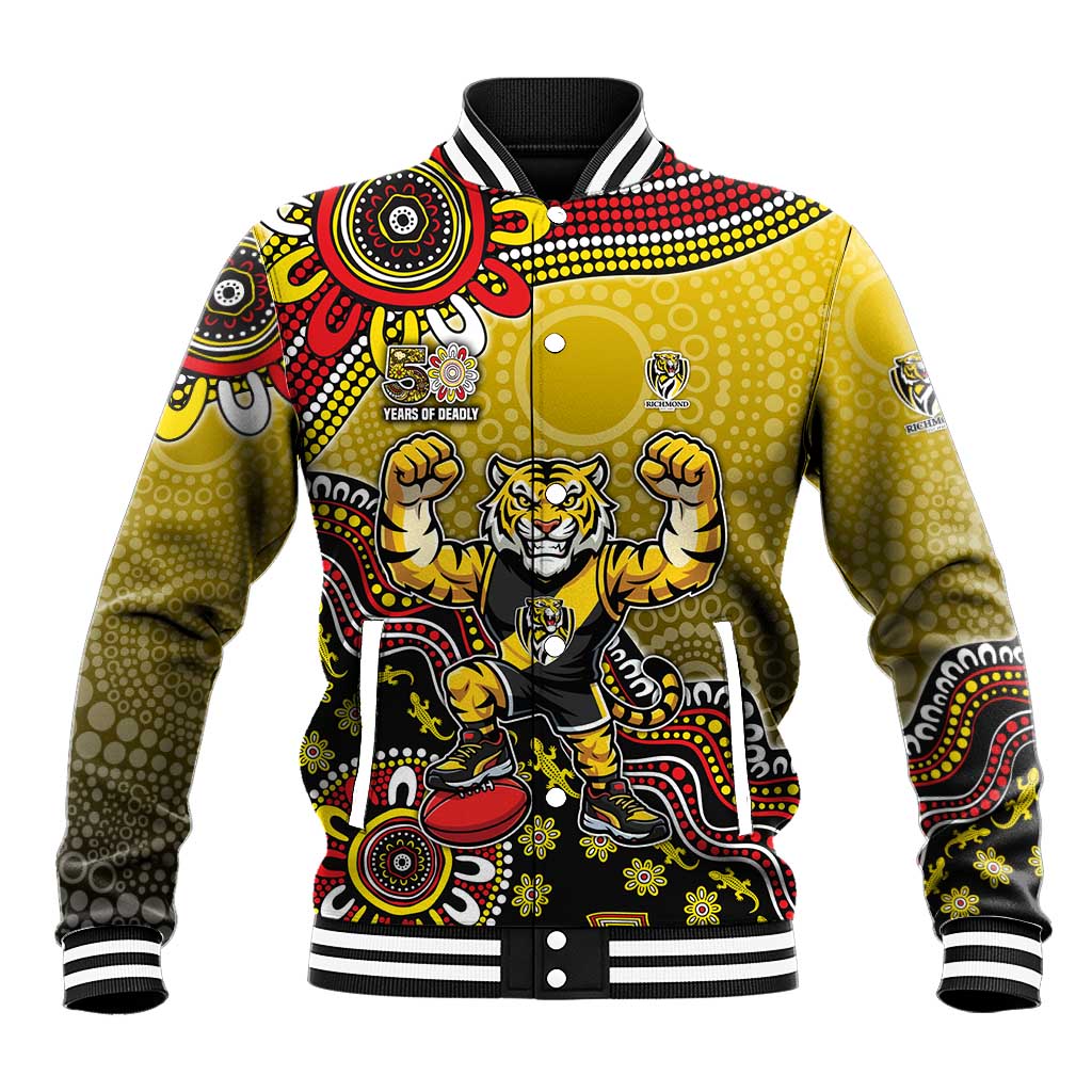 Personalized Richmond Tigers  Football Mascot Baseball Jacket Aboriginal Dot Art Style Vibrant Indigenous Pattern Design