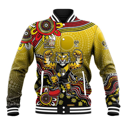 Personalized Richmond Tigers  Football Mascot Baseball Jacket Aboriginal Dot Art Style Vibrant Indigenous Pattern Design