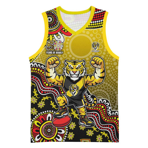 Personalized Richmond Tigers  Football Mascot Basketball Jersey Aboriginal Dot Art Style Vibrant Indigenous Pattern Design