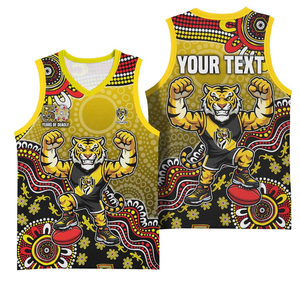 Personalized Richmond Tigers  Football Mascot Basketball Jersey Aboriginal Dot Art Style Vibrant Indigenous Pattern Design