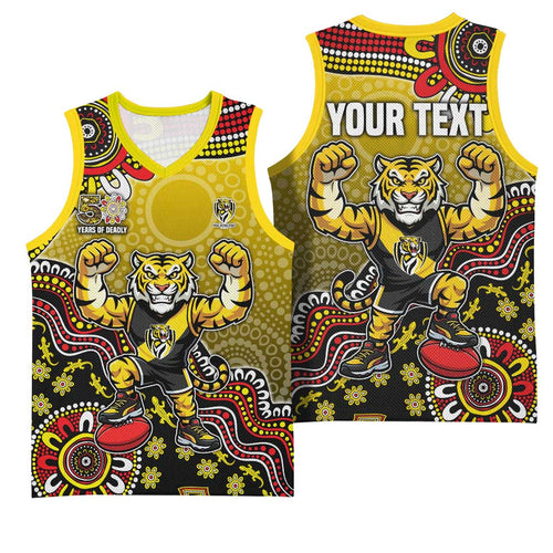 Personalized Richmond Tigers  Football Mascot Basketball Jersey Aboriginal Dot Art Style Vibrant Indigenous Pattern Design