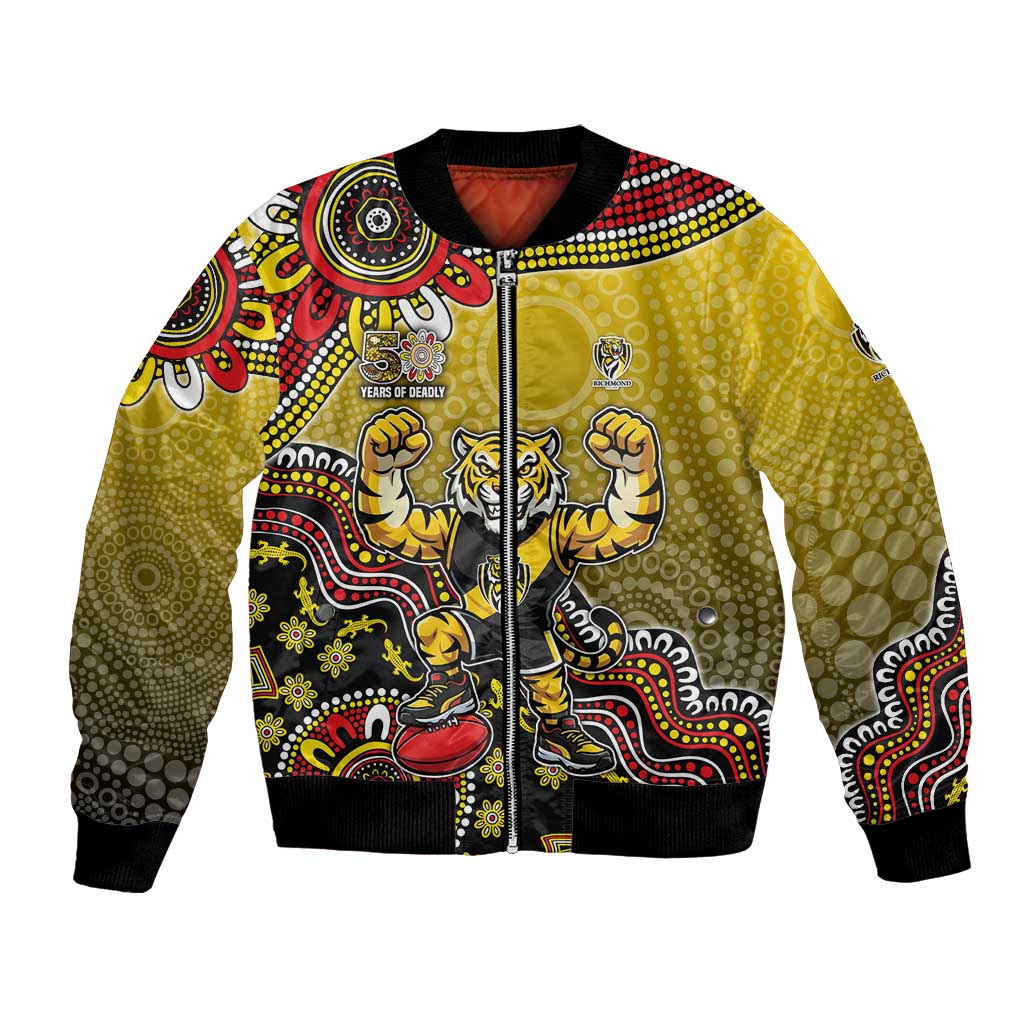 Personalized Richmond Tigers  Football Mascot Bomber Jacket Aboriginal Dot Art Style Vibrant Indigenous Pattern Design