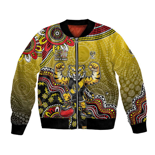 Personalized Richmond Tigers  Football Mascot Bomber Jacket Aboriginal Dot Art Style Vibrant Indigenous Pattern Design