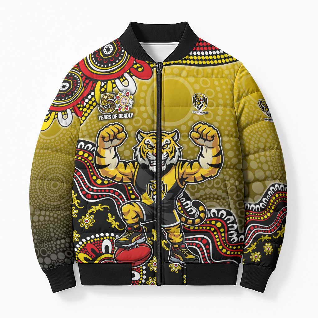 Personalized Richmond Tigers  Football Mascot Bomber Puffer Jacket Aboriginal Dot Art Style Vibrant Indigenous Pattern Design