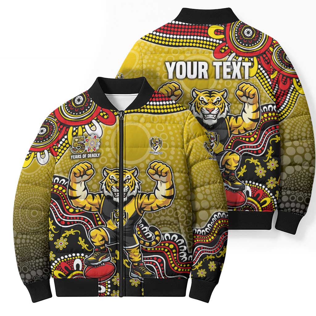 Personalized Richmond Tigers  Football Mascot Bomber Puffer Jacket Aboriginal Dot Art Style Vibrant Indigenous Pattern Design