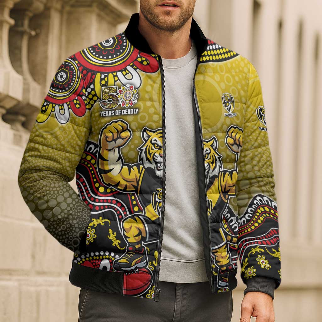 Personalized Richmond Tigers  Football Mascot Bomber Puffer Jacket Aboriginal Dot Art Style Vibrant Indigenous Pattern Design