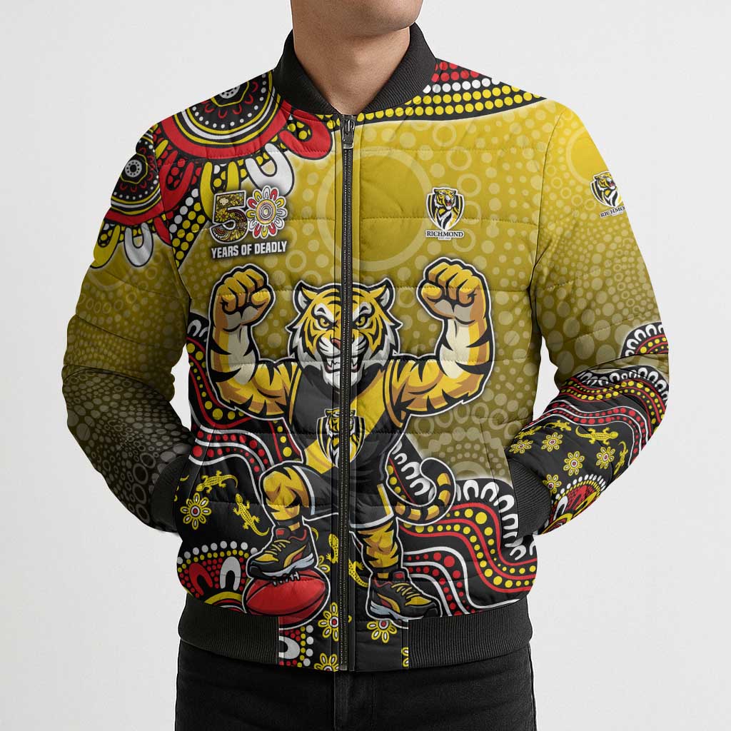 Personalized Richmond Tigers  Football Mascot Bomber Puffer Jacket Aboriginal Dot Art Style Vibrant Indigenous Pattern Design