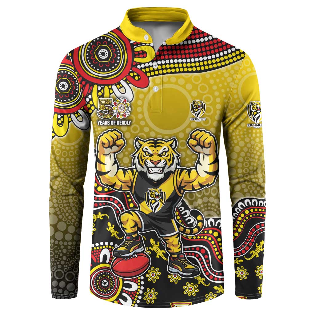 Personalized Richmond Tigers  Football Mascot Button Sweatshirt Aboriginal Dot Art Style Vibrant Indigenous Pattern Design