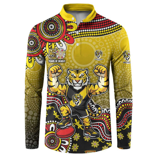 Personalized Richmond Tigers  Football Mascot Button Sweatshirt Aboriginal Dot Art Style Vibrant Indigenous Pattern Design