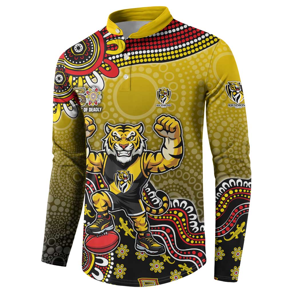 Personalized Richmond Tigers  Football Mascot Button Sweatshirt Aboriginal Dot Art Style Vibrant Indigenous Pattern Design